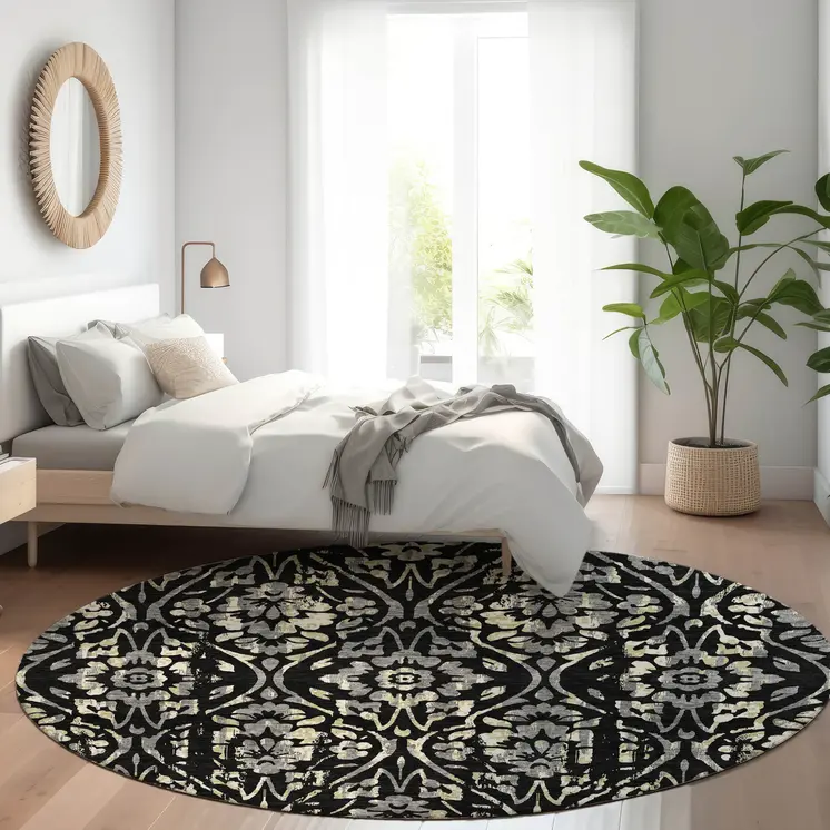 8' Black Gray And Ivory Round Floral Washable Indoor Outdoor Area Rug
