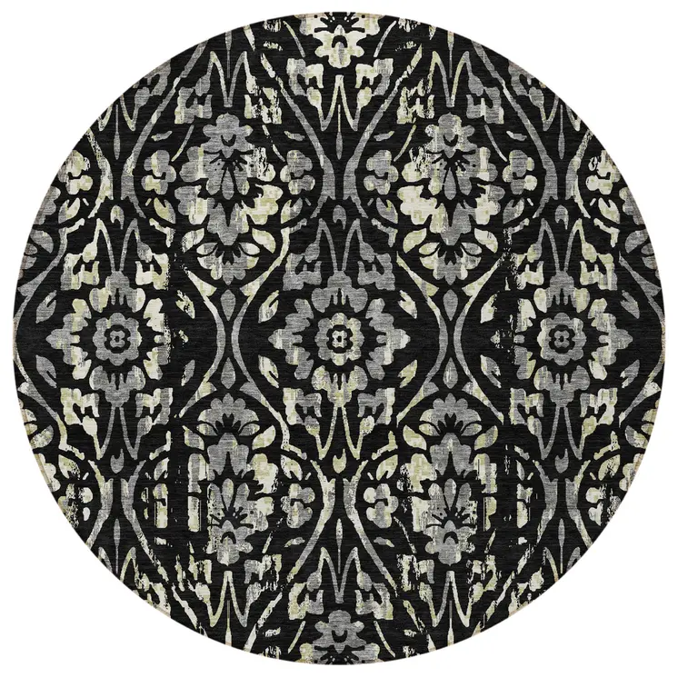 8' Black Gray And Ivory Round Floral Washable Indoor Outdoor Area Rug
