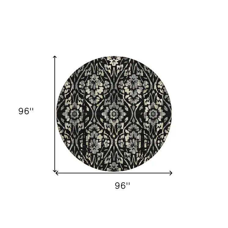 8' Black Gray And Ivory Round Floral Washable Indoor Outdoor Area Rug