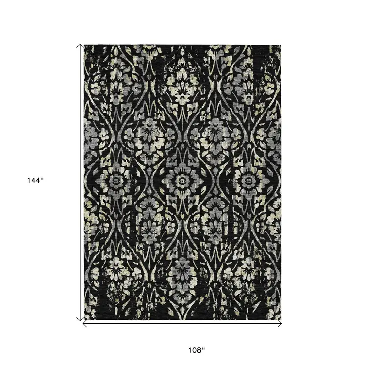 9' X 12' Black Gray And Ivory Floral Washable Indoor Outdoor Area Rug