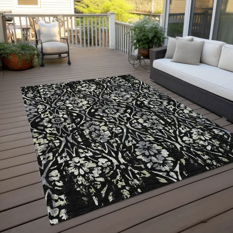 9' X 12' Black Gray And Ivory Floral Washable Indoor Outdoor Area Rug