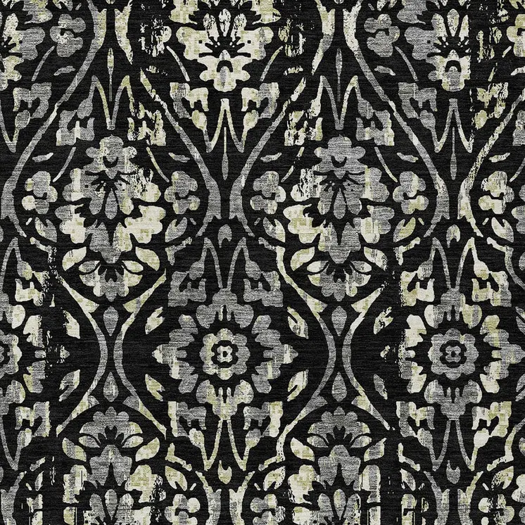 9' X 12' Black Gray And Ivory Floral Washable Indoor Outdoor Area Rug