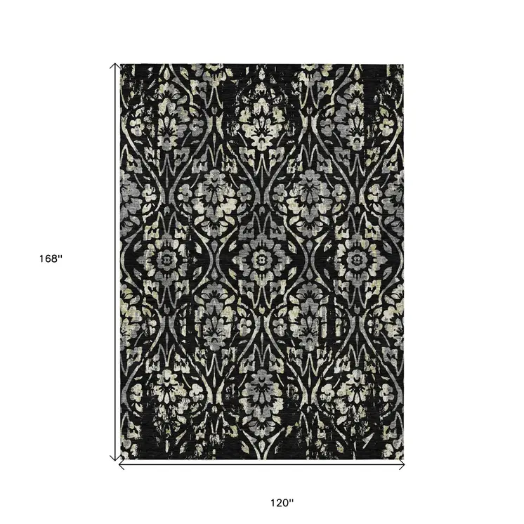 10' X 14' Black Gray And Ivory Floral Washable Indoor Outdoor Area Rug