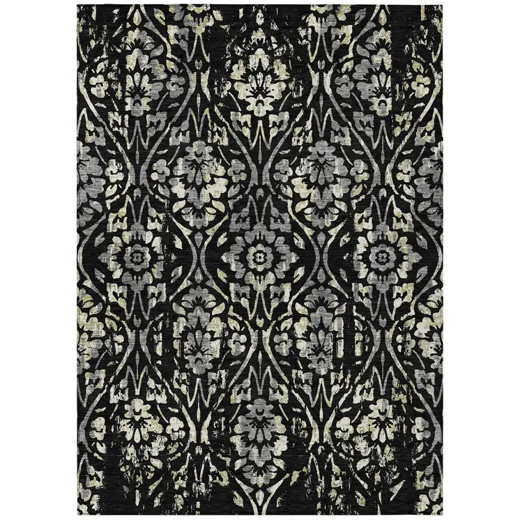 10' X 14' Black Gray And Ivory Floral Washable Indoor Outdoor Area Rug