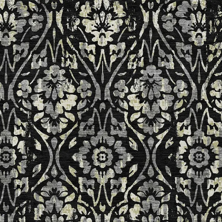 10' X 14' Black Gray And Ivory Floral Washable Indoor Outdoor Area Rug