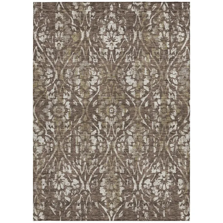 3' X 5' Brown Ivory And Green Floral Washable Indoor Outdoor Area Rug