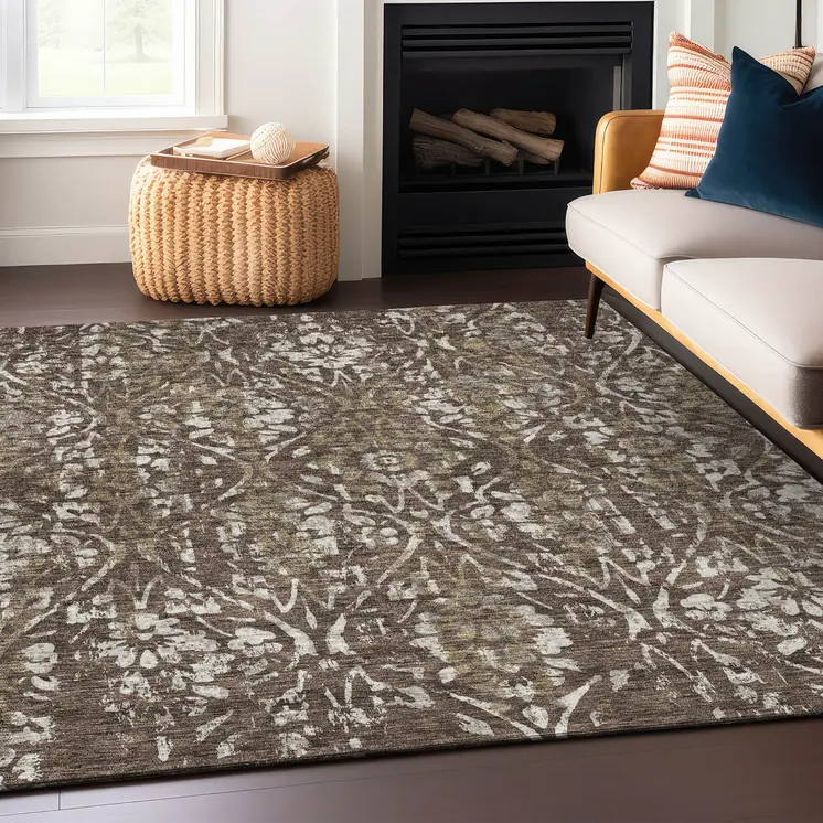 3' X 5' Brown Ivory And Green Floral Washable Indoor Outdoor Area Rug