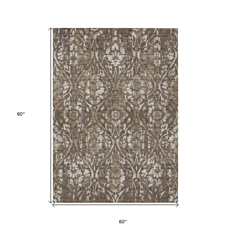 5' X 8' Brown Ivory And Green Floral Washable Indoor Outdoor Area Rug