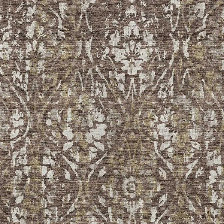 5' X 8' Brown Ivory And Green Floral Washable Indoor Outdoor Area Rug