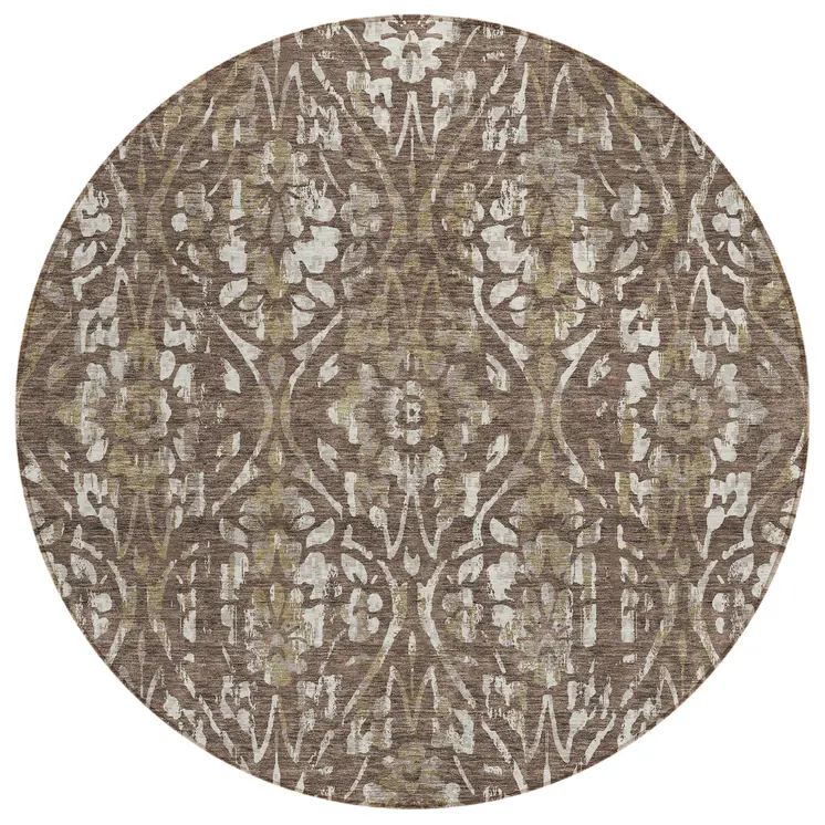 8' Brown Ivory And Green Round Floral Washable Indoor Outdoor Area Rug