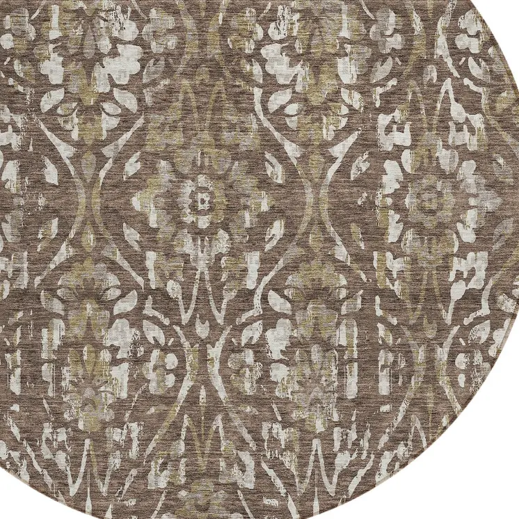 8' Brown Ivory And Green Round Floral Washable Indoor Outdoor Area Rug
