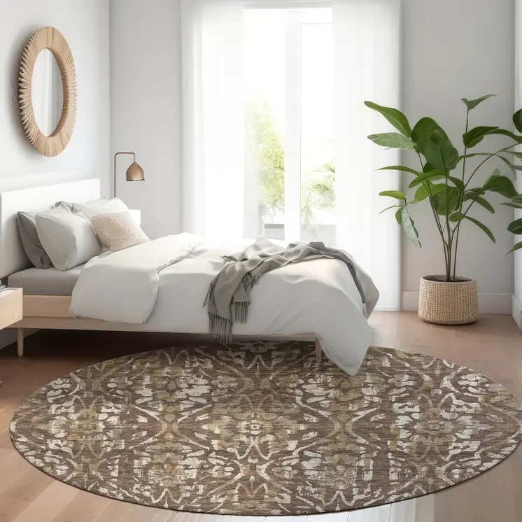 8' Brown Ivory And Green Round Floral Washable Indoor Outdoor Area Rug