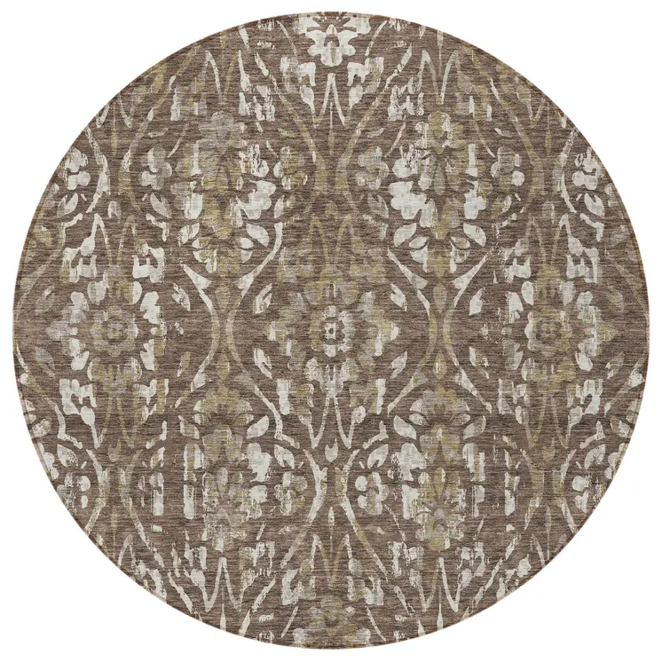 8' Brown Ivory And Green Round Floral Washable Indoor Outdoor Area Rug