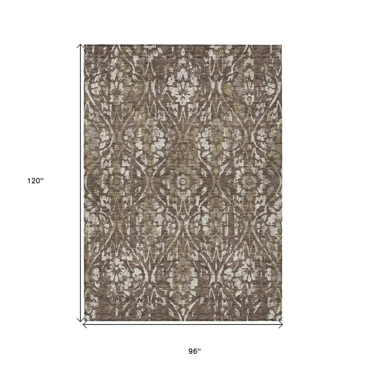 8' X 10' Brown Ivory And Green Floral Washable Indoor Outdoor Area Rug