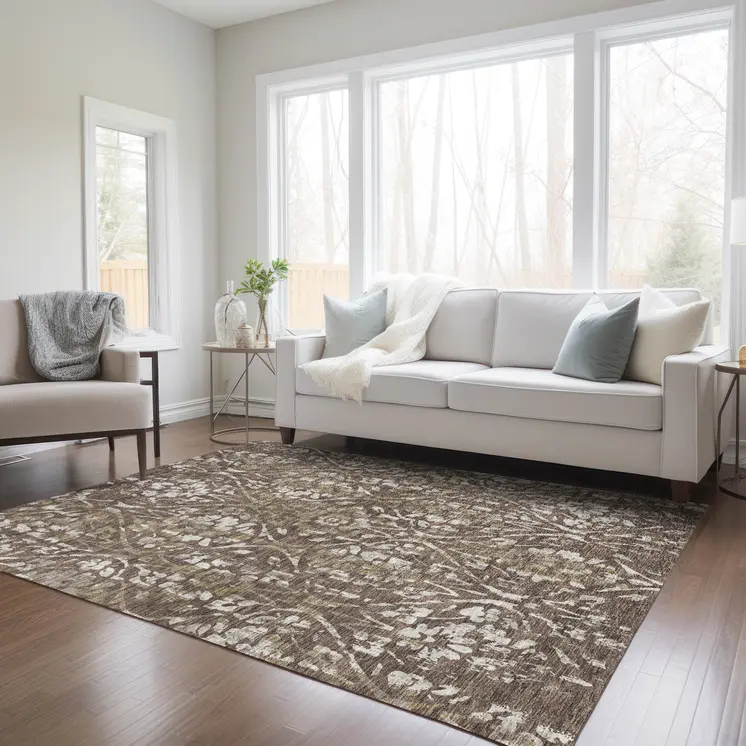 8' X 10' Brown Ivory And Green Floral Washable Indoor Outdoor Area Rug