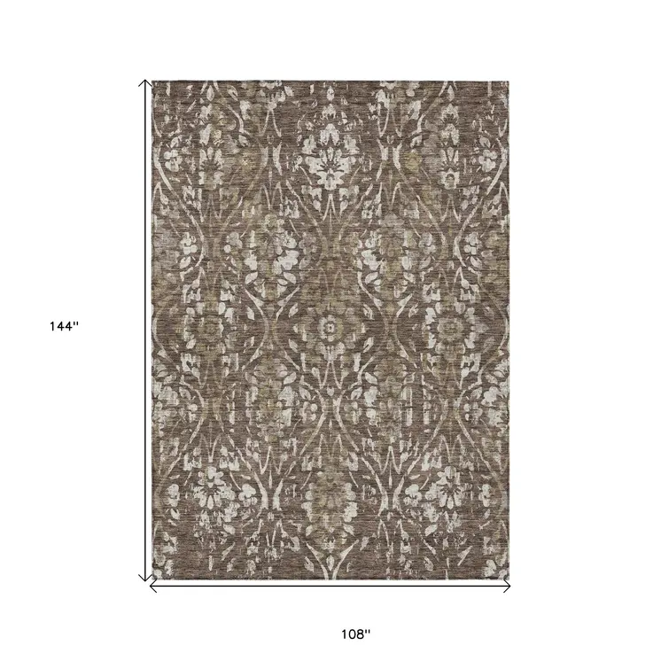 9' X 12' Brown Ivory And Green Floral Washable Indoor Outdoor Area Rug