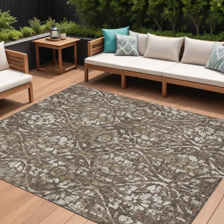 9' X 12' Brown Ivory And Green Floral Washable Indoor Outdoor Area Rug