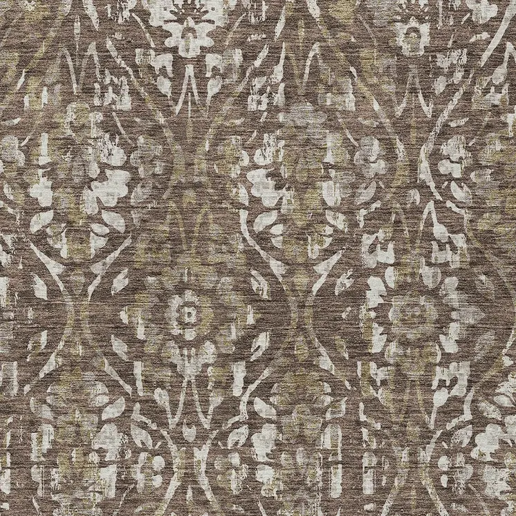 9' X 12' Brown Ivory And Green Floral Washable Indoor Outdoor Area Rug