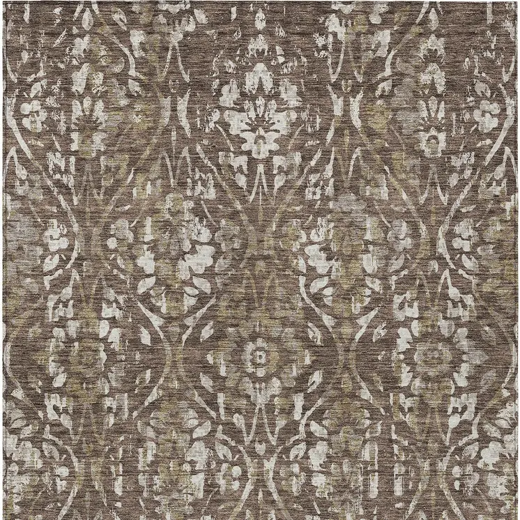 10' X 14' Brown Ivory And Green Floral Washable Indoor Outdoor Area Rug