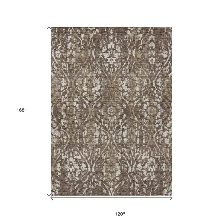 10' X 14' Brown Ivory And Green Floral Washable Indoor Outdoor Area Rug