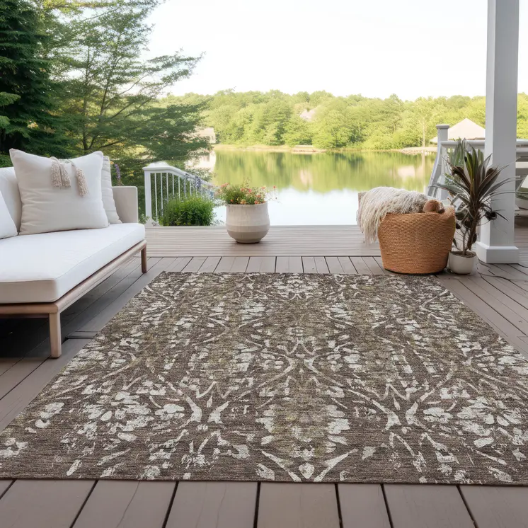 10' X 14' Brown Ivory And Green Floral Washable Indoor Outdoor Area Rug