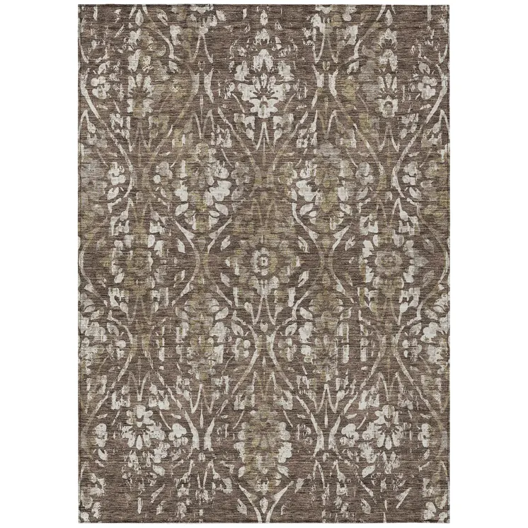 10' X 14' Brown Ivory And Green Floral Washable Indoor Outdoor Area Rug