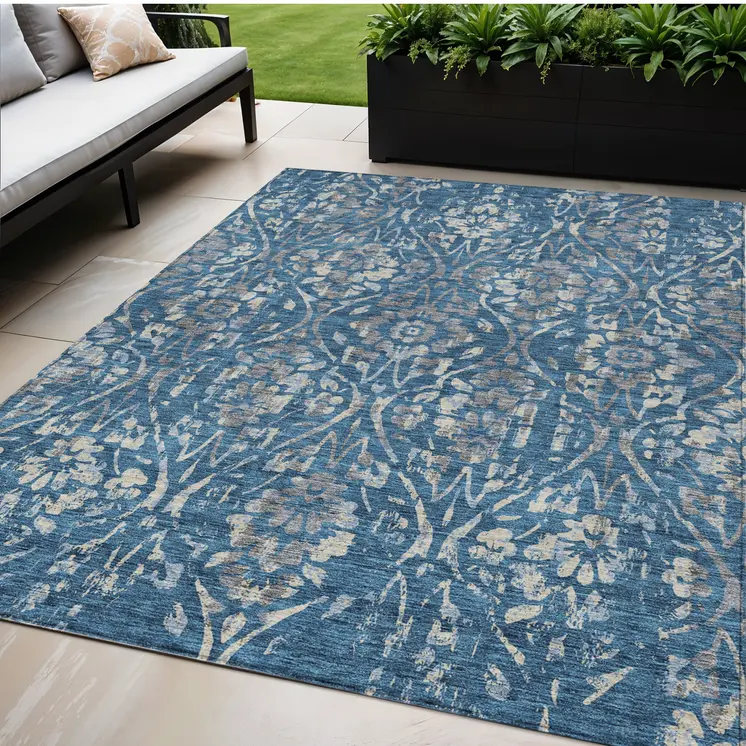 5' X 8' Blue And Ivory Floral Washable Indoor Outdoor Area Rug