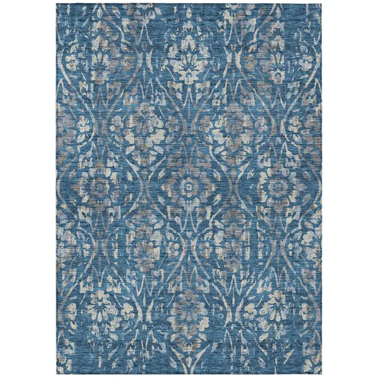 5' X 8' Blue And Ivory Floral Washable Indoor Outdoor Area Rug