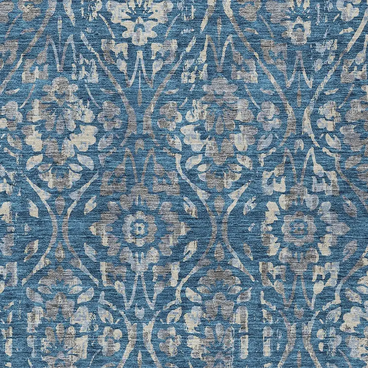 5' X 8' Blue And Ivory Floral Washable Indoor Outdoor Area Rug