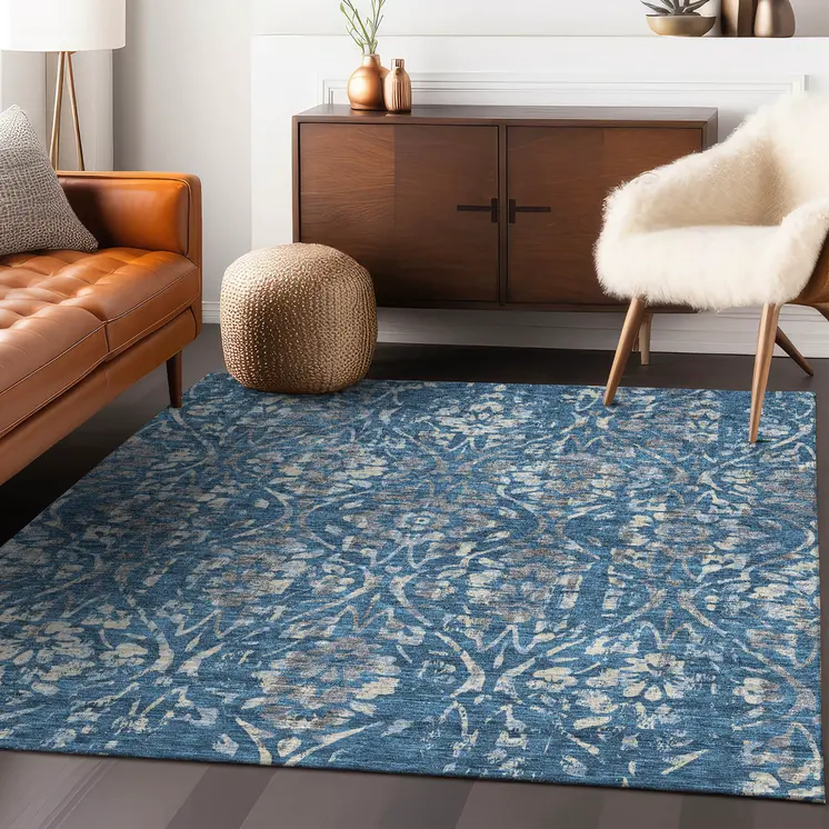 5' X 8' Blue And Ivory Floral Washable Indoor Outdoor Area Rug