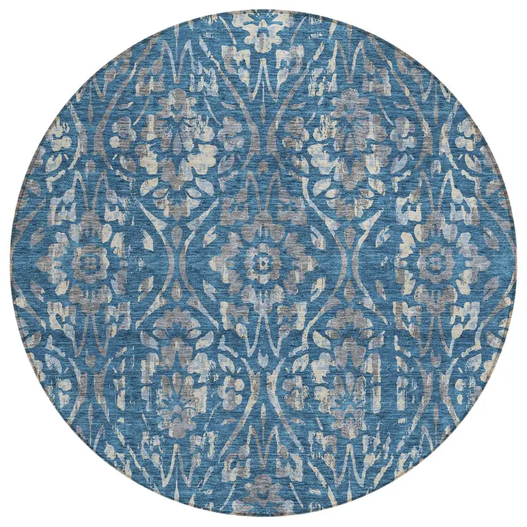 8' Blue And Ivory Round Floral Washable Indoor Outdoor Area Rug