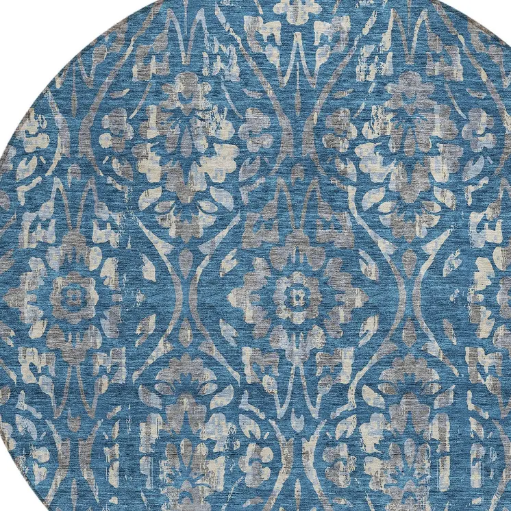 8' Blue And Ivory Round Floral Washable Indoor Outdoor Area Rug