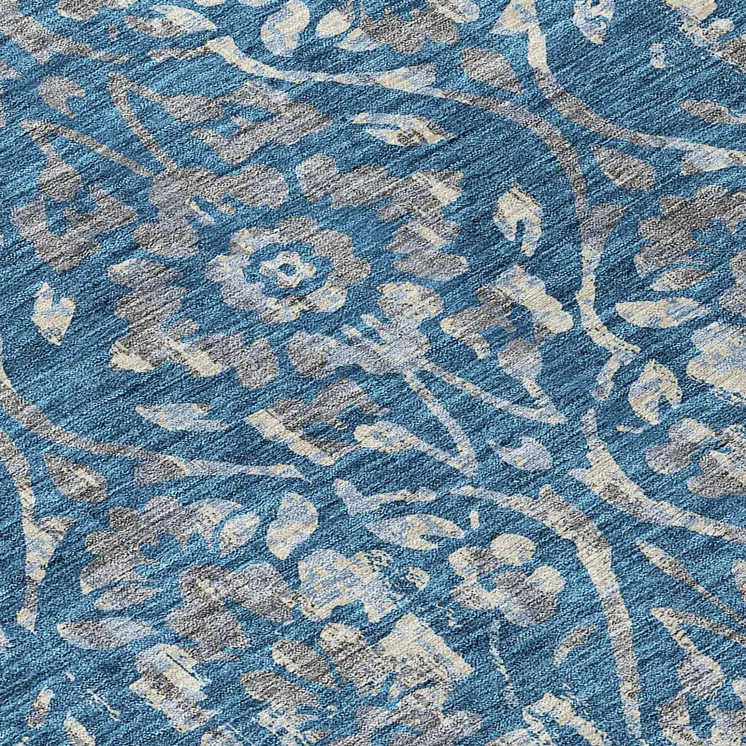8' Blue And Ivory Round Floral Washable Indoor Outdoor Area Rug