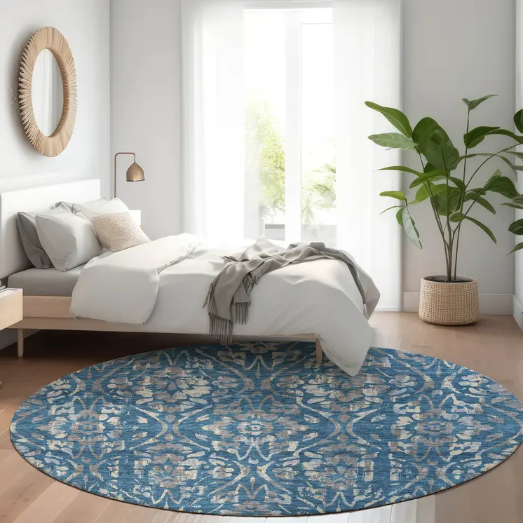 8' Blue And Ivory Round Floral Washable Indoor Outdoor Area Rug