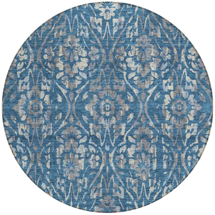 8' Blue And Ivory Round Floral Washable Indoor Outdoor Area Rug
