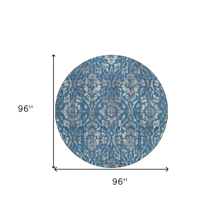 8' Blue And Ivory Round Floral Washable Indoor Outdoor Area Rug