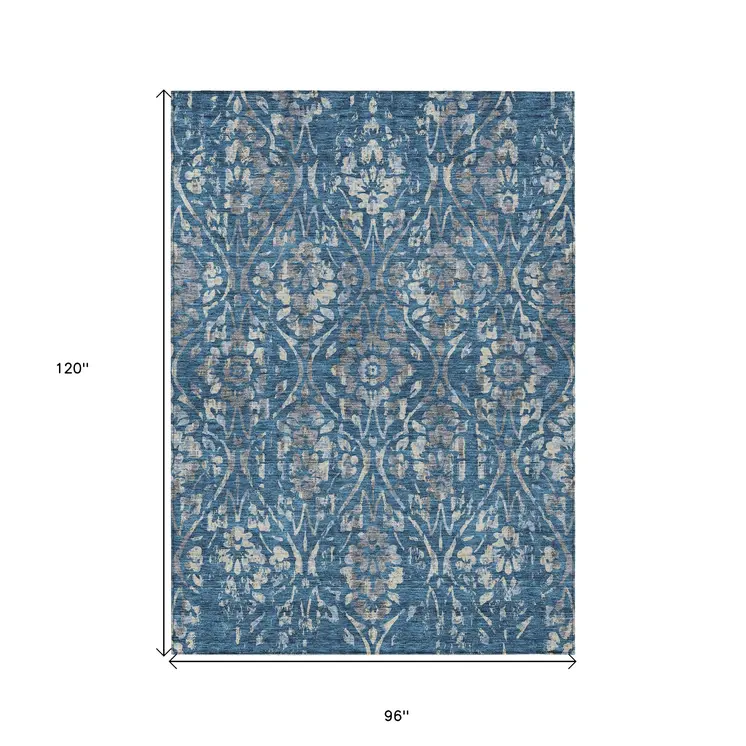 8' X 10' Blue And Ivory Floral Washable Indoor Outdoor Area Rug