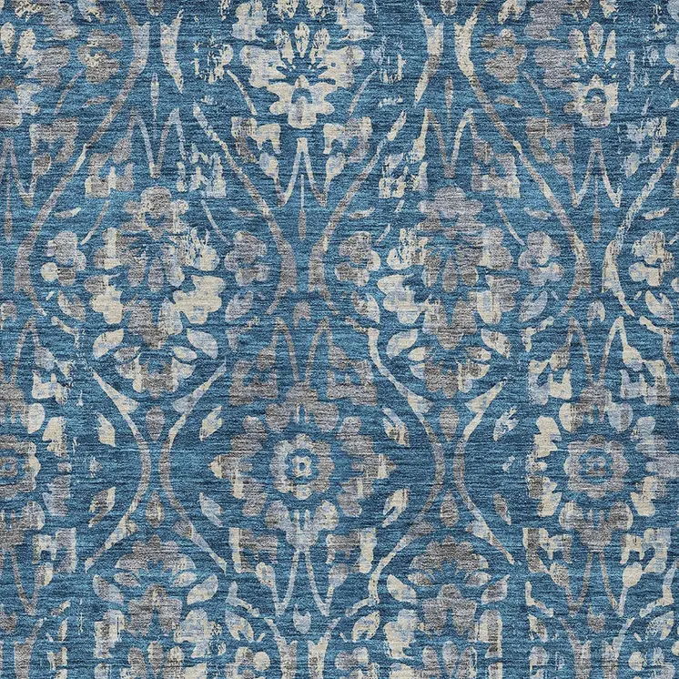 8' X 10' Blue And Ivory Floral Washable Indoor Outdoor Area Rug