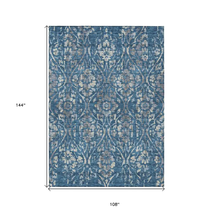 9' X 12' Blue And Ivory Floral Washable Indoor Outdoor Area Rug