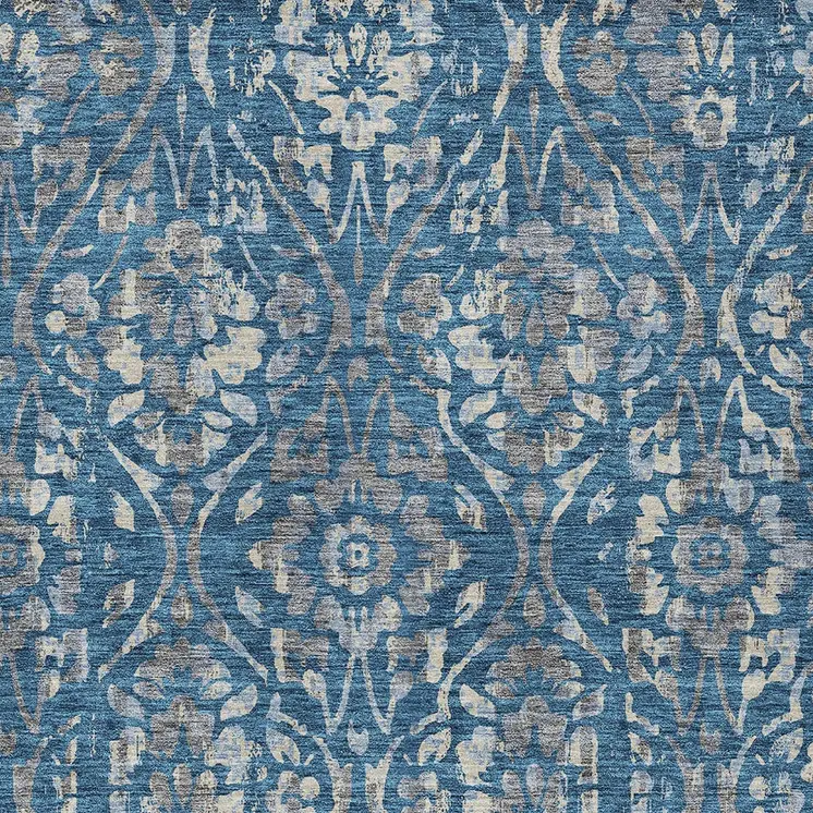 9' X 12' Blue And Ivory Floral Washable Indoor Outdoor Area Rug