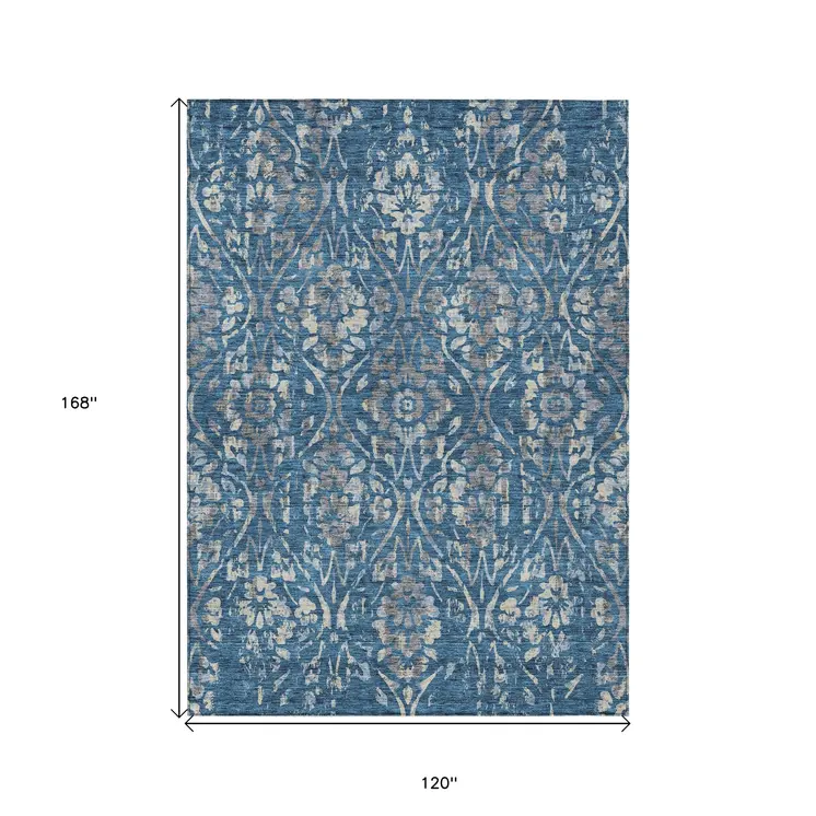 10' X 14' Blue And Ivory Floral Washable Indoor Outdoor Area Rug