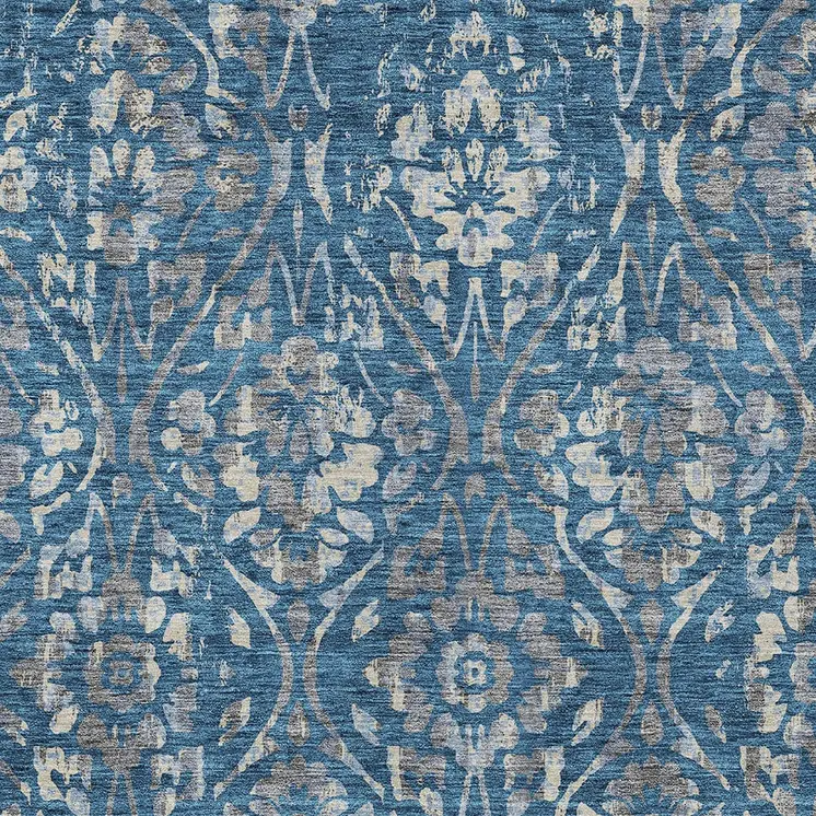 10' X 14' Blue And Ivory Floral Washable Indoor Outdoor Area Rug