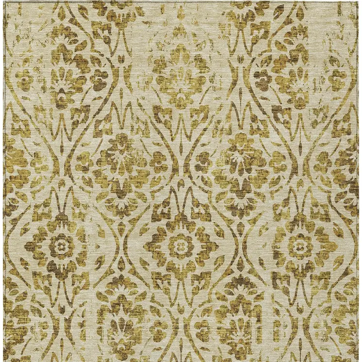 3' X 5' Gold And Brown Floral Washable Indoor Outdoor Area Rug