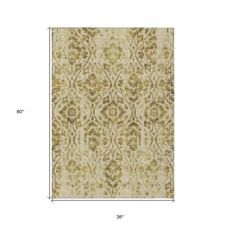 3' X 5' Gold And Brown Floral Washable Indoor Outdoor Area Rug