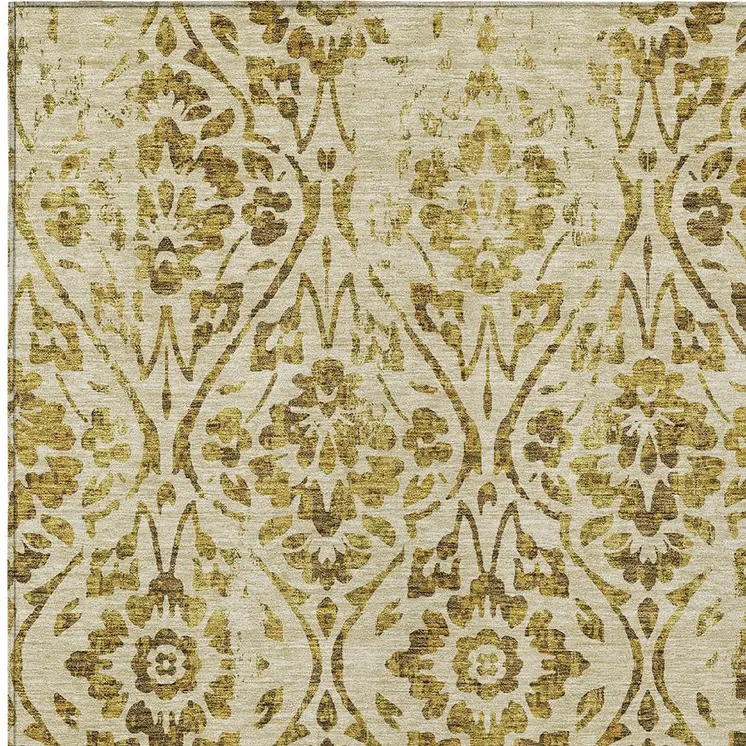 3' X 5' Gold And Brown Floral Washable Indoor Outdoor Area Rug
