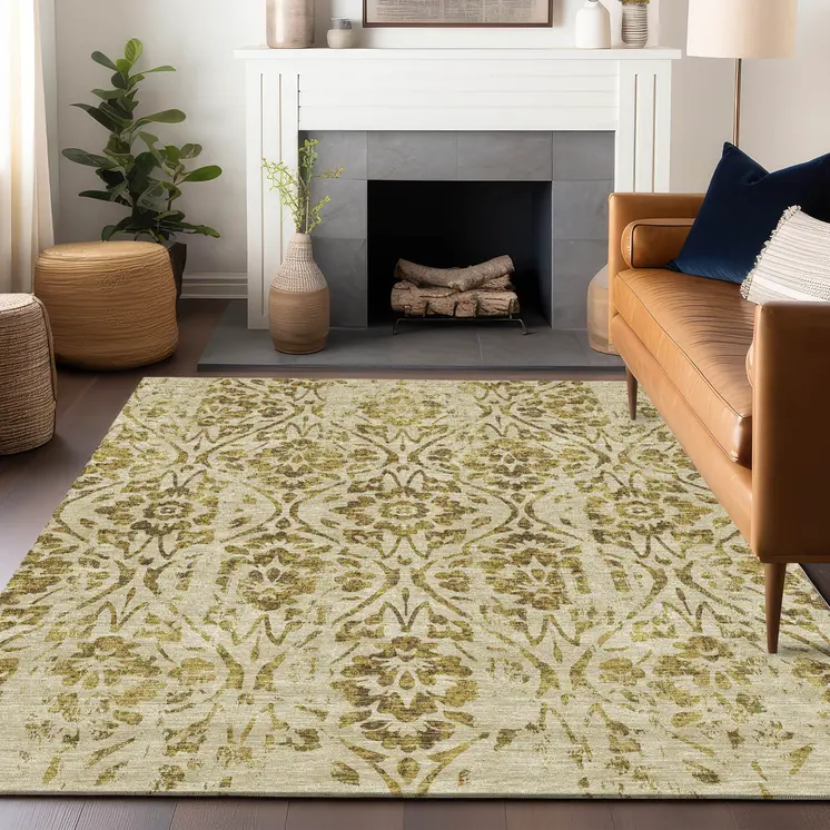 3' X 5' Gold And Brown Floral Washable Indoor Outdoor Area Rug