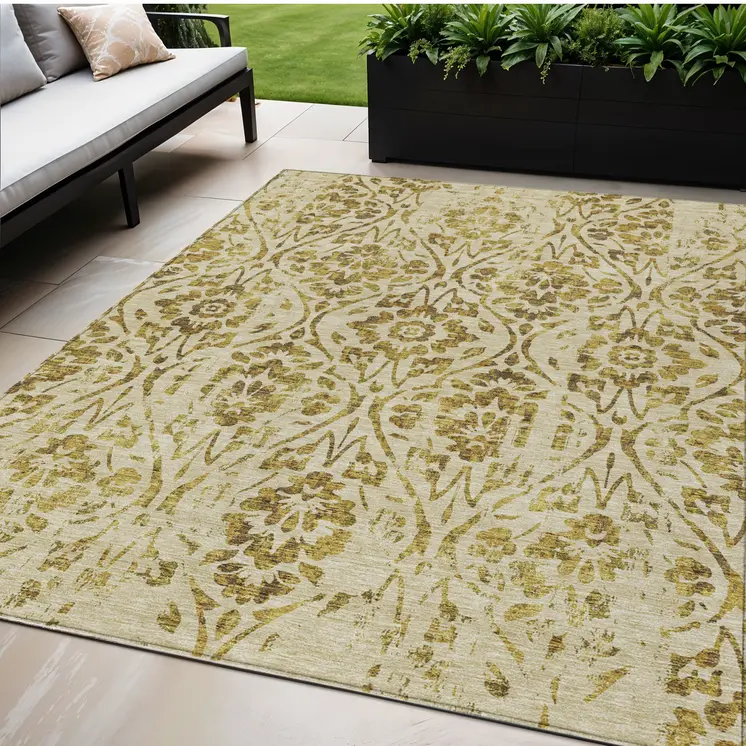 5' X 8' Gold And Brown Floral Washable Indoor Outdoor Area Rug