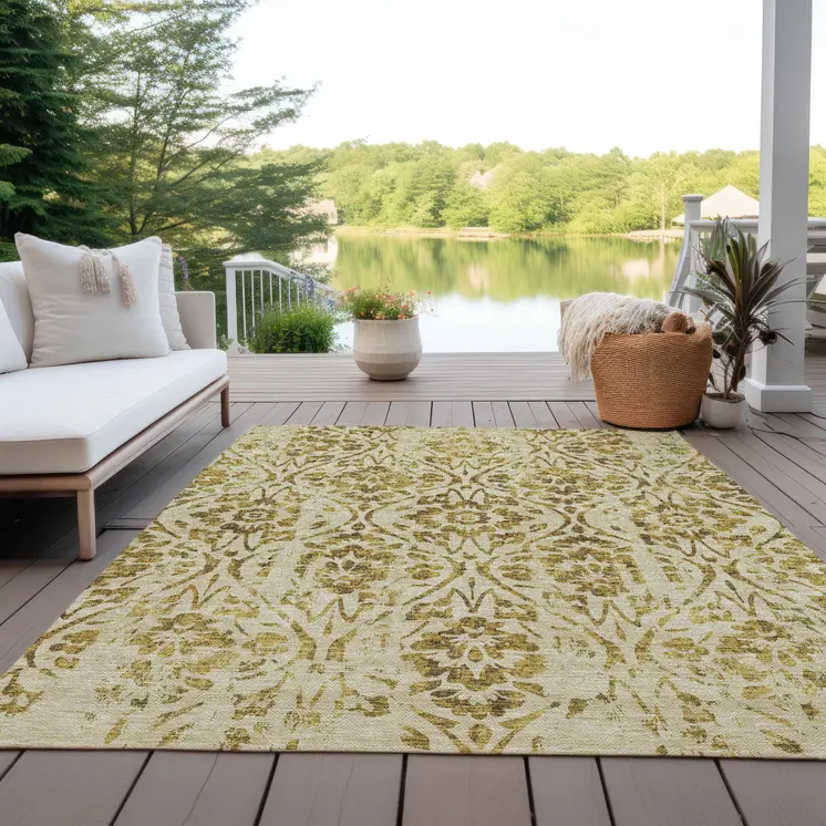 5' X 8' Gold And Brown Floral Washable Indoor Outdoor Area Rug