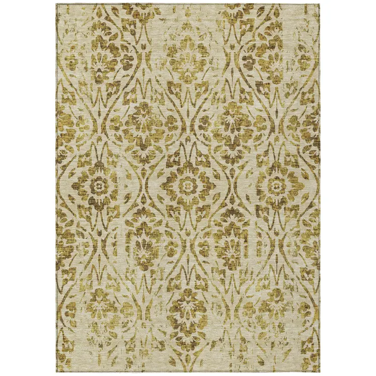 5' X 8' Gold And Brown Floral Washable Indoor Outdoor Area Rug