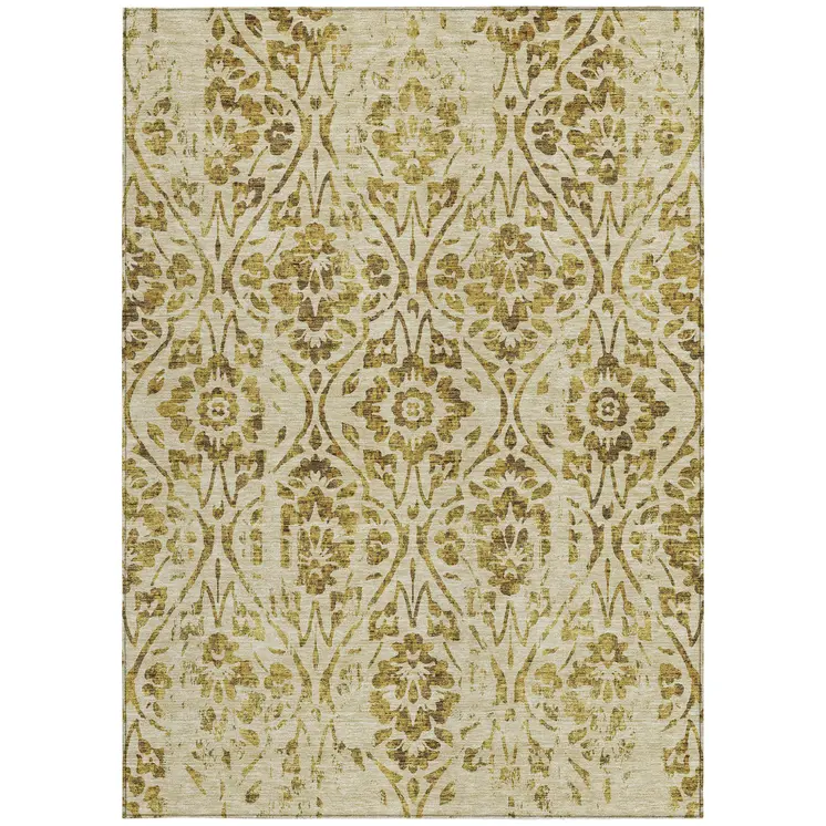 5' X 8' Gold And Brown Floral Washable Indoor Outdoor Area Rug